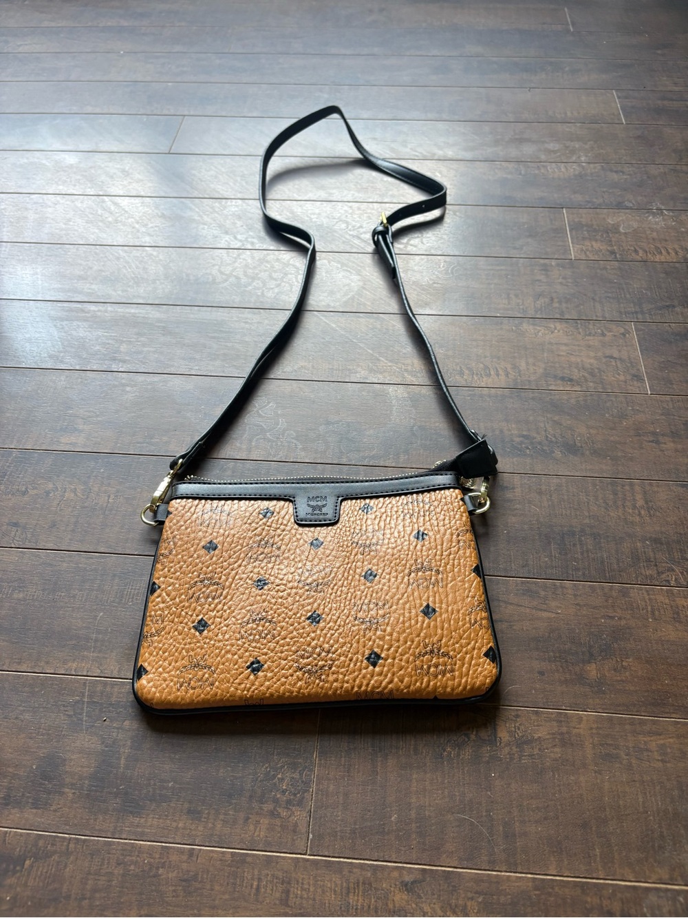 MCM Cognac Visetos Crossbody with Black Trim and Adjustable Strap
